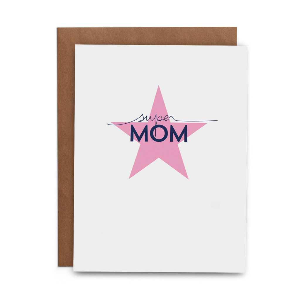 Super Mom in Navy on Pink Star Mother's Day Greeting Card