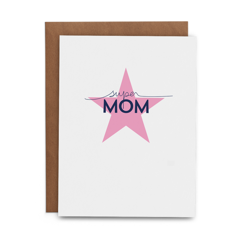 Super Mom in Navy on Pink Star Mother's Day Greeting Card